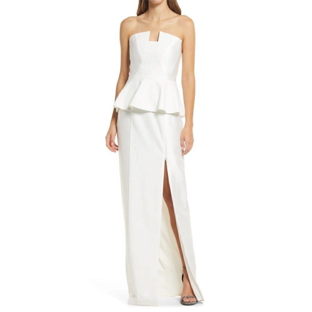 Black Halo Eve Lena Strapless Peplum Column Gown Ivory Sz 4 NWT